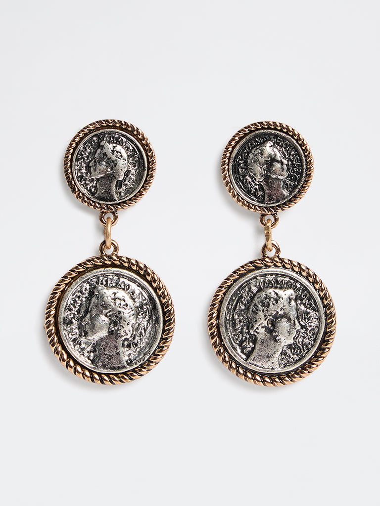 Westside Accessories Gold and Silver Vintage Coin Dangler Earrings