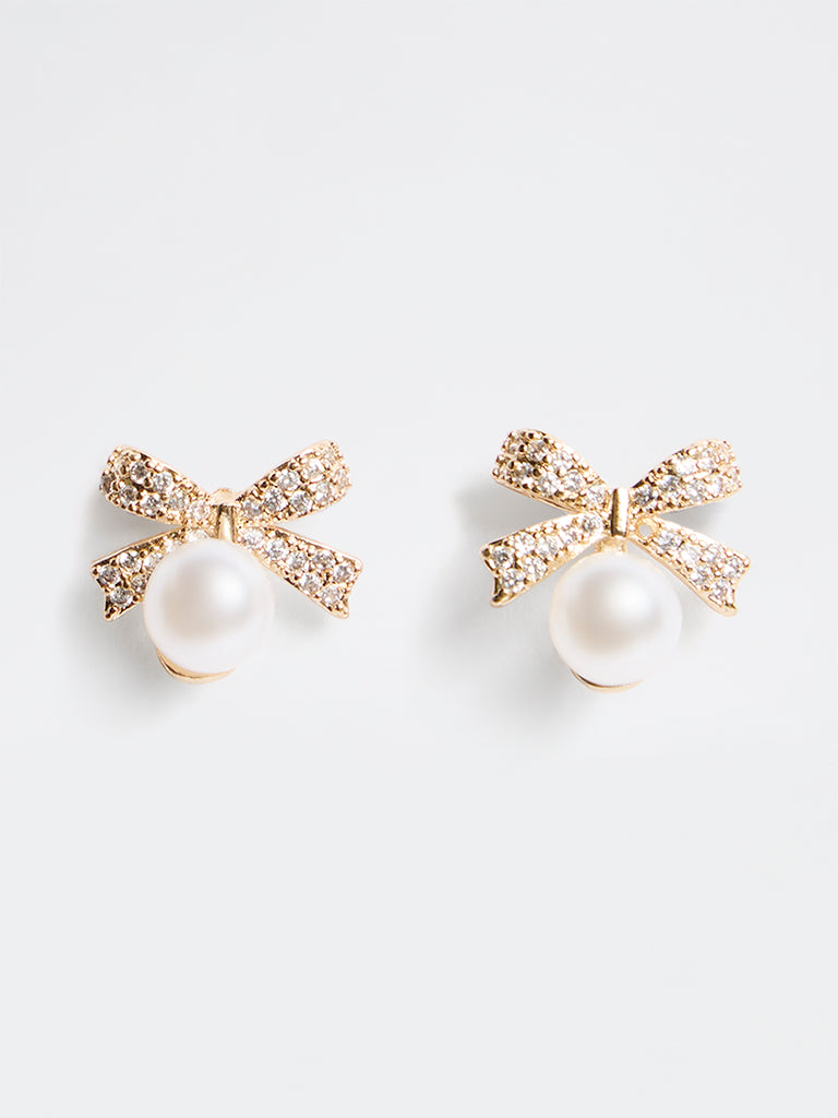 Westside Accessories Gold Bow Pearl-Detail Stud Earrings