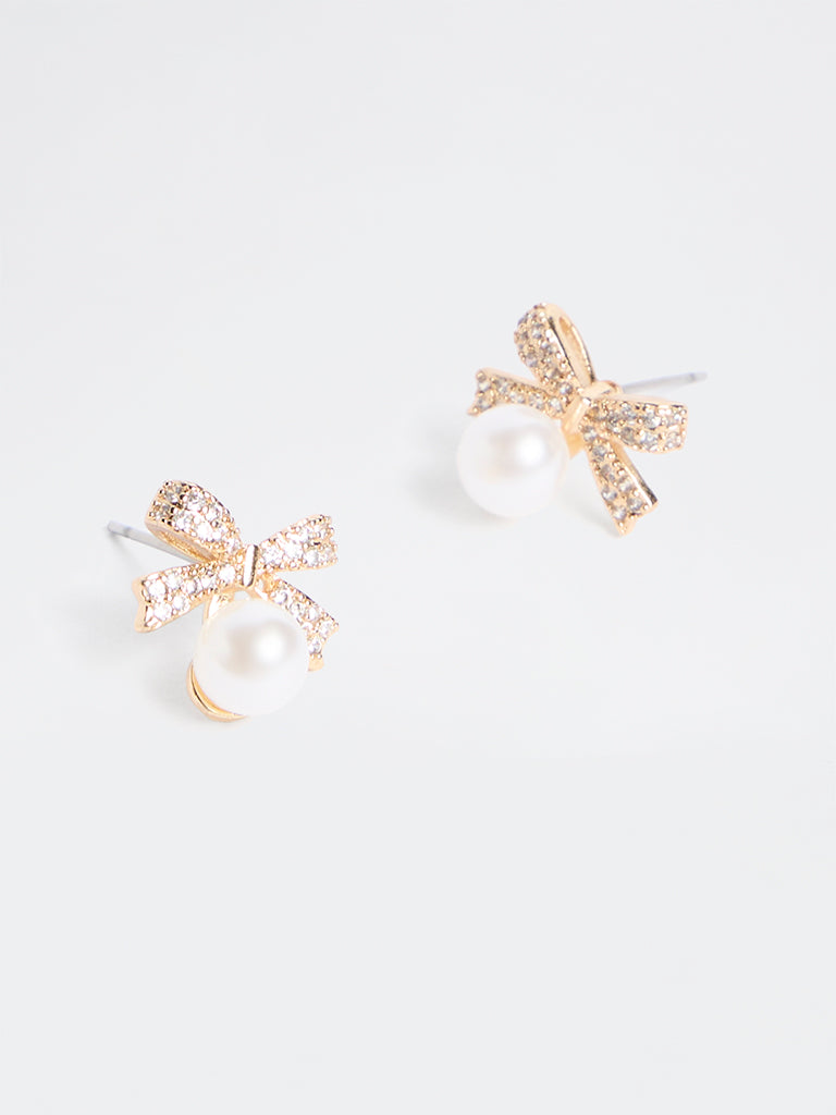 Westside Accessories Gold Bow Pearl-Detail Stud Earrings