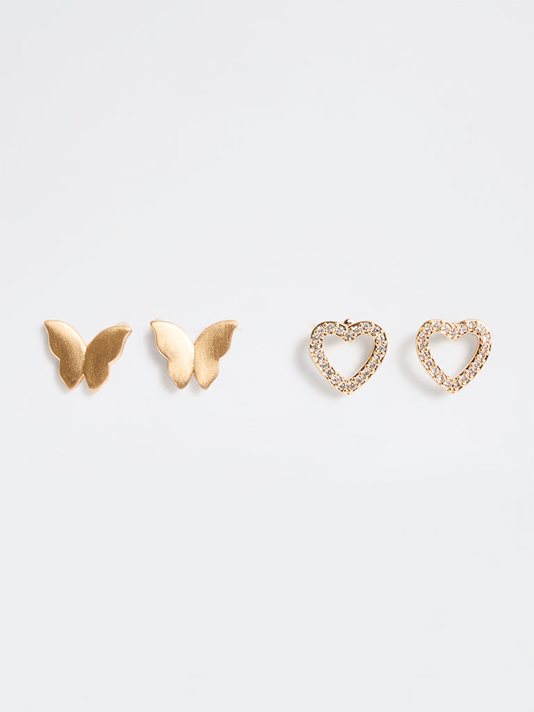 Westside Accessories Gold Embellished Heart and Butterfly Stud Earrings - Pack of 2