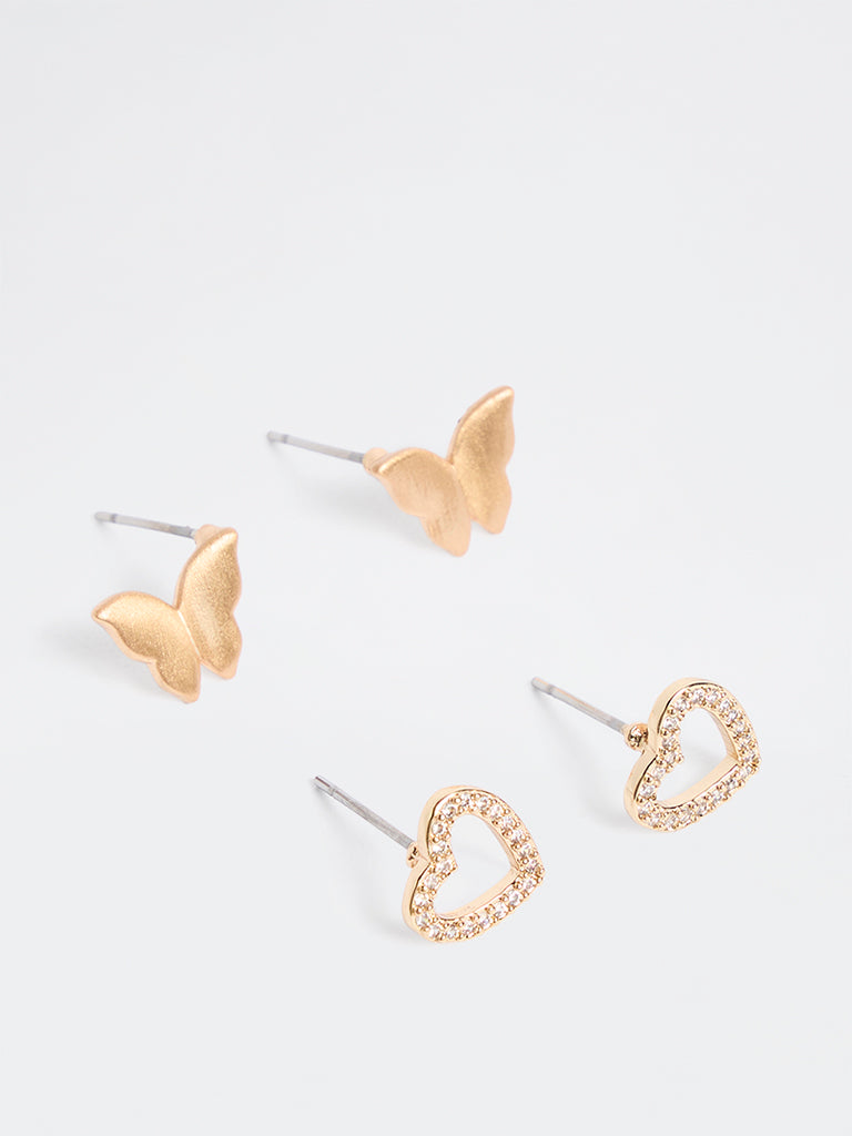 Westside Accessories Gold Embellished Heart and Butterfly Stud Earrings - Pack of 2