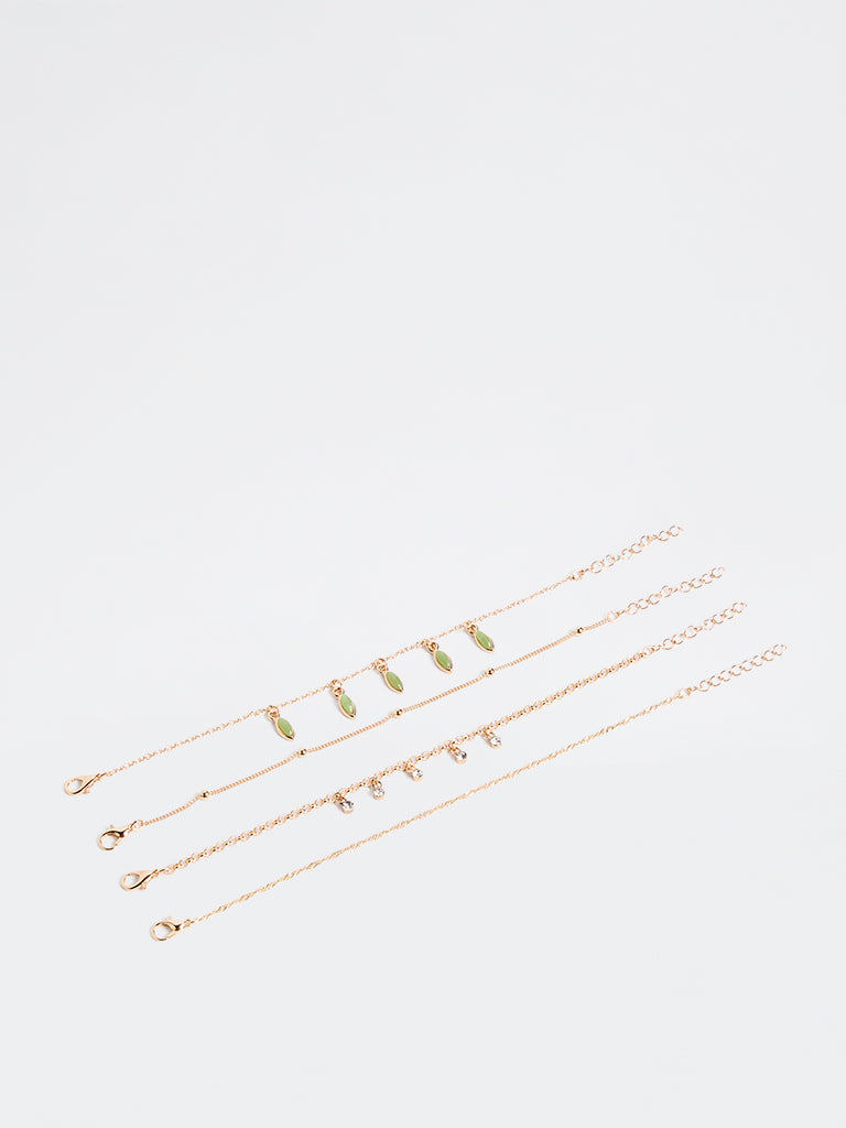 Westside Accessories Gold and Green Multi Chain Bracelet - Pack of 4