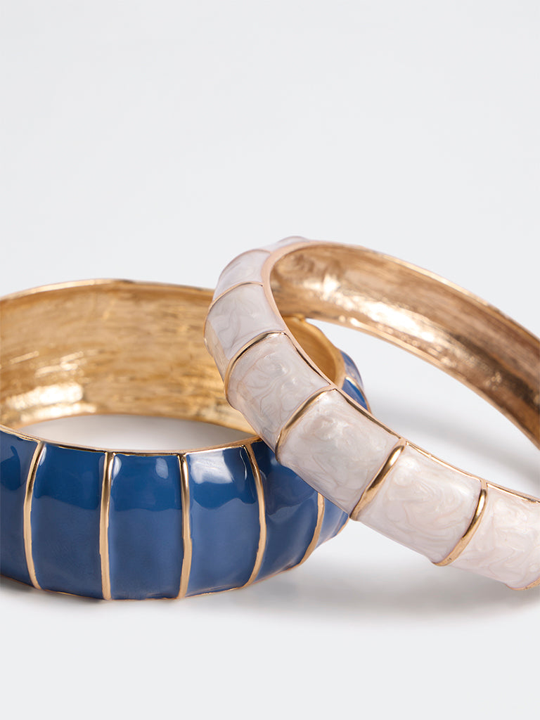 Westside Accessories White and Navy Striped Enamel Bangles - Pack of 2