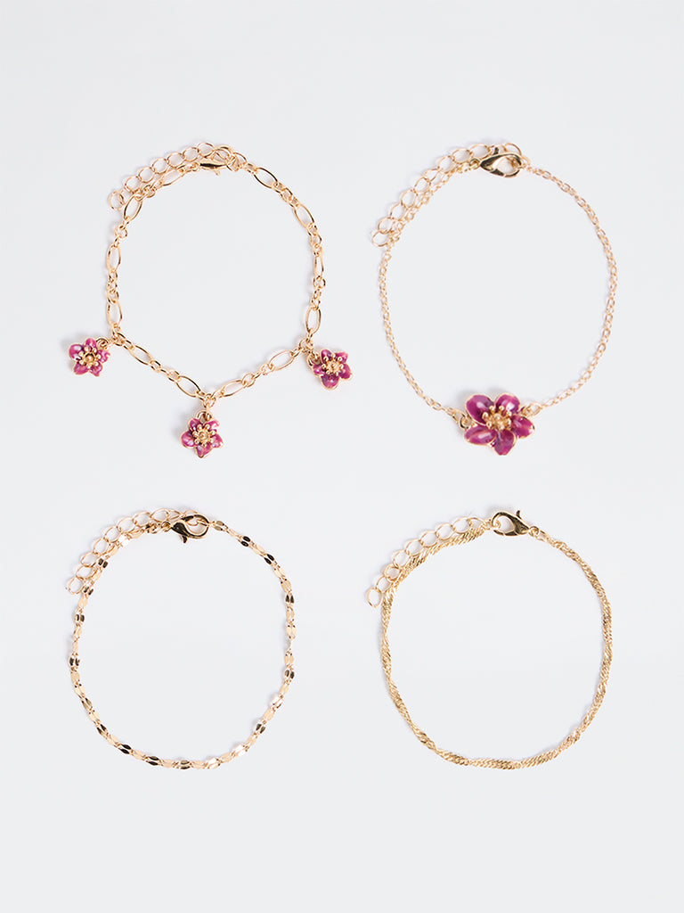 Westside Accessories Gold Floral Design Multi-Chain Bracelets - Pack of 4