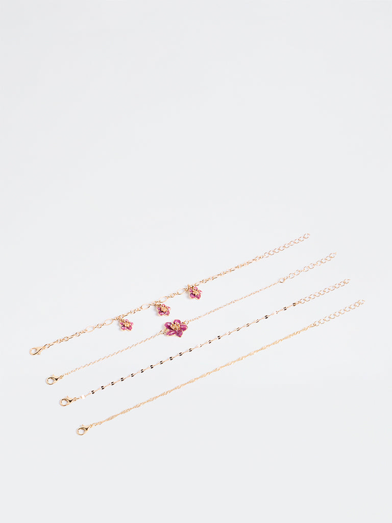 Westside Accessories Gold Floral Design Multi-Chain Bracelets - Pack of 4