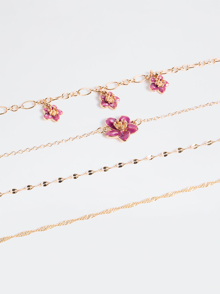 Westside Accessories Gold Floral Design Multi-Chain Bracelets - Pack of 4