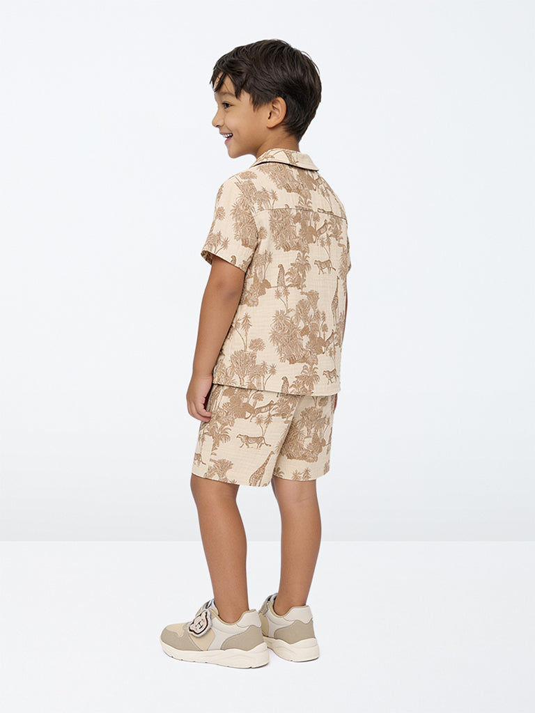 HOP Kids Boys Taupe Nature-Inspired Cotton Shirt and Short Set