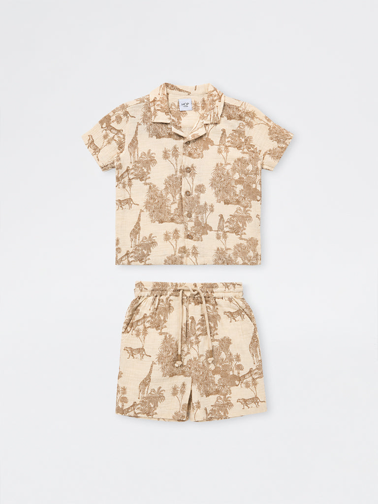 HOP Kids Boys Taupe Nature-Inspired Cotton Shirt and Short Set