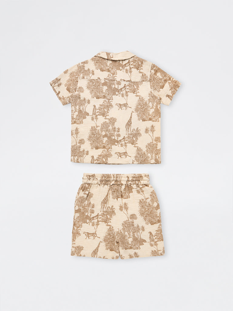 HOP Kids Boys Taupe Nature-Inspired Cotton Shirt and Short Set