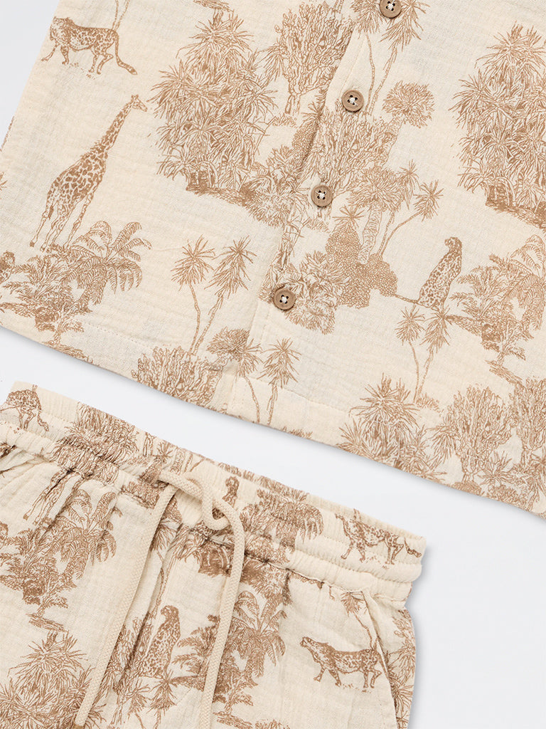 HOP Kids Boys Taupe Nature-Inspired Cotton Shirt and Short Set