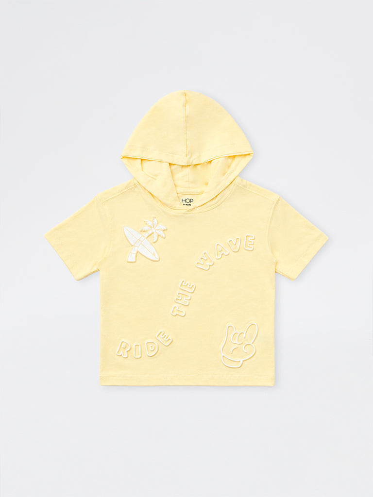 HOP Kids Boys Yellow Embossed Hooded Cotton T-Shirt