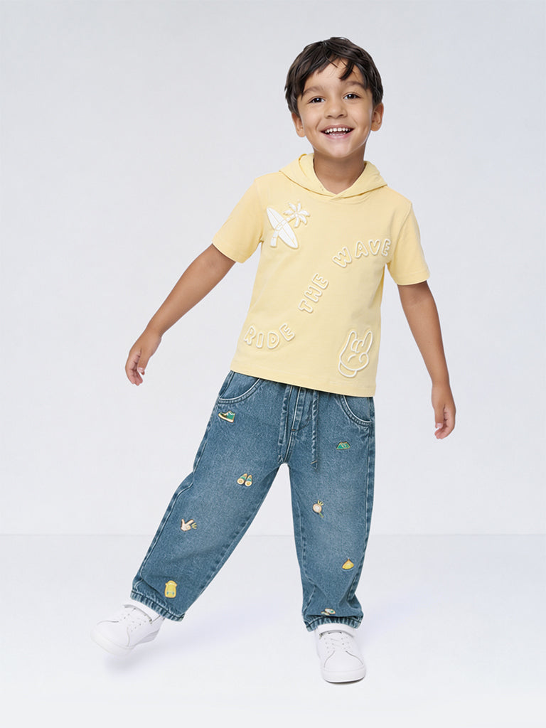 HOP Kids Boys Yellow Embossed Hooded Cotton T-Shirt
