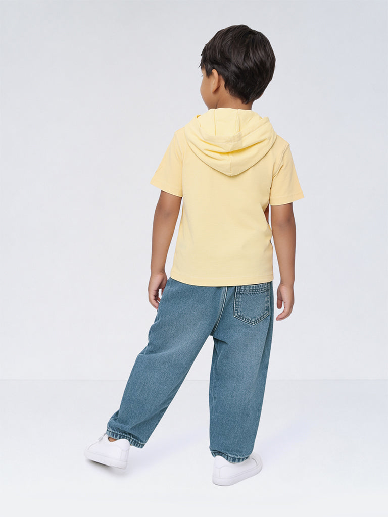 HOP Kids Boys Yellow Embossed Hooded Cotton T-Shirt