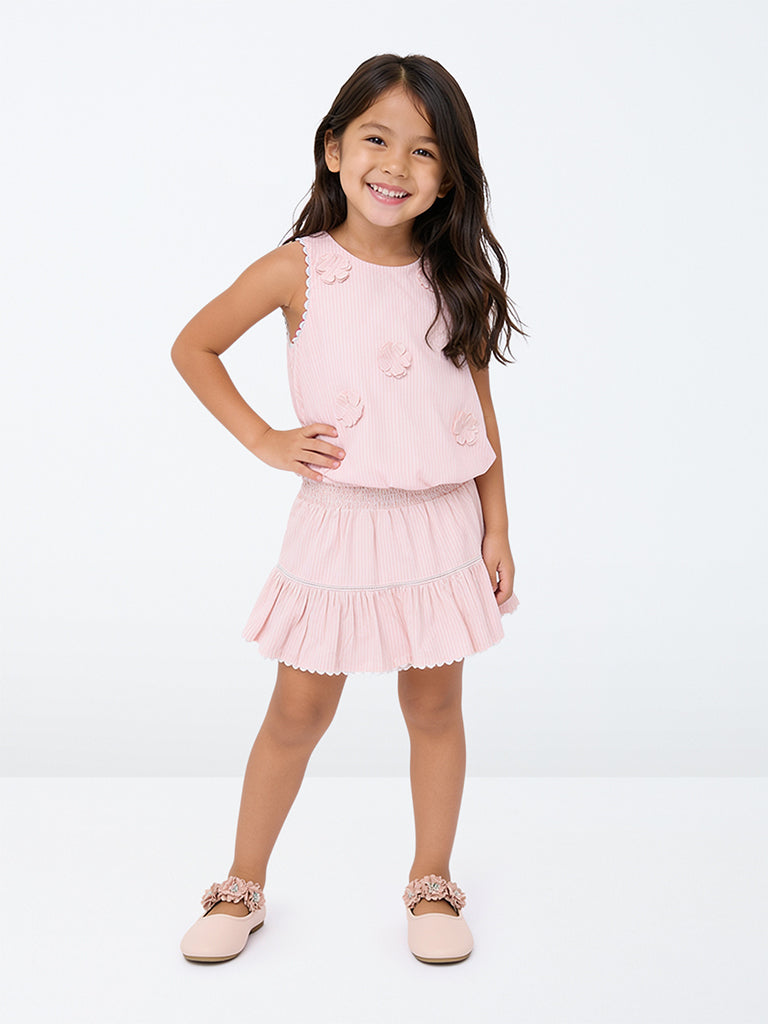 HOP Kids Girls Light Pink Striped Cotton-Blend Top and Skirt Set