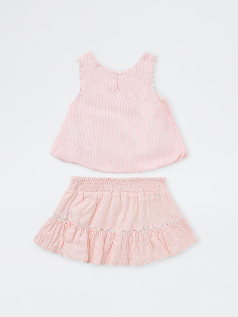 HOP Kids Girls Light Pink Striped Cotton-Blend Top and Skirt Set