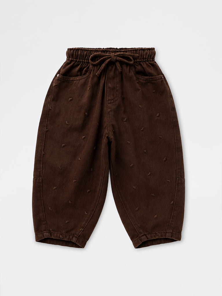HOP Kids Girls Brown Heart Embroidered High-Rise Relaxed-Fit Jeans