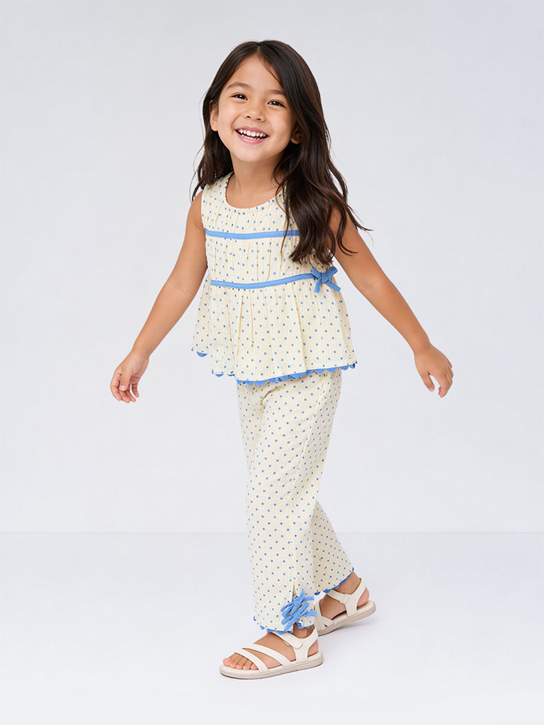 HOP Kids Girls White Polka Dot Printed High-Rise Cotton Pants