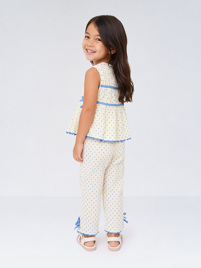 HOP Kids Girls White Polka Dot Printed High-Rise Cotton Pants