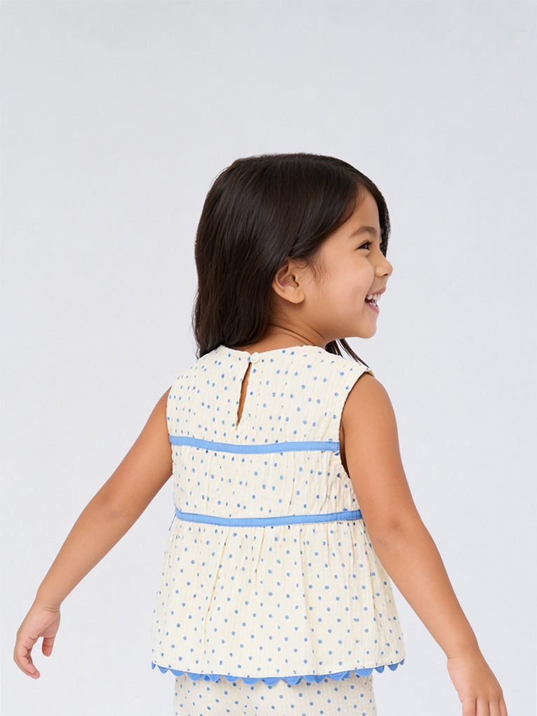 HOP Kids Girls White Polka Dot Printed Cotton Top