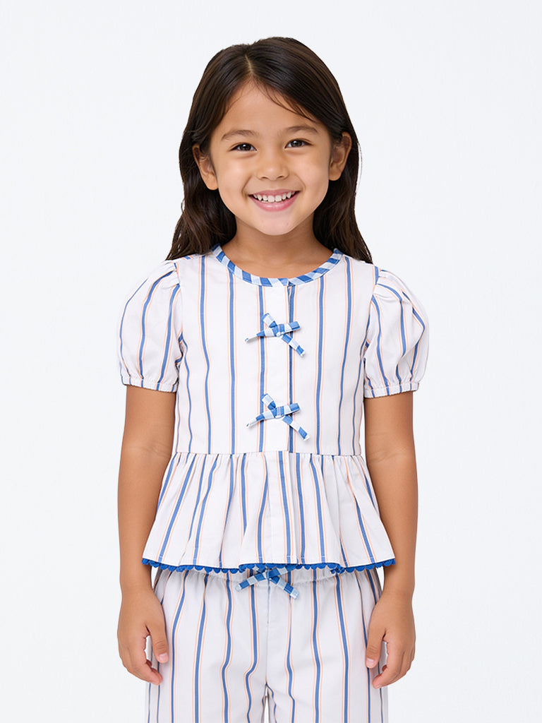 HOP Kids Girls White Bow-Detail Striped Cotton Top