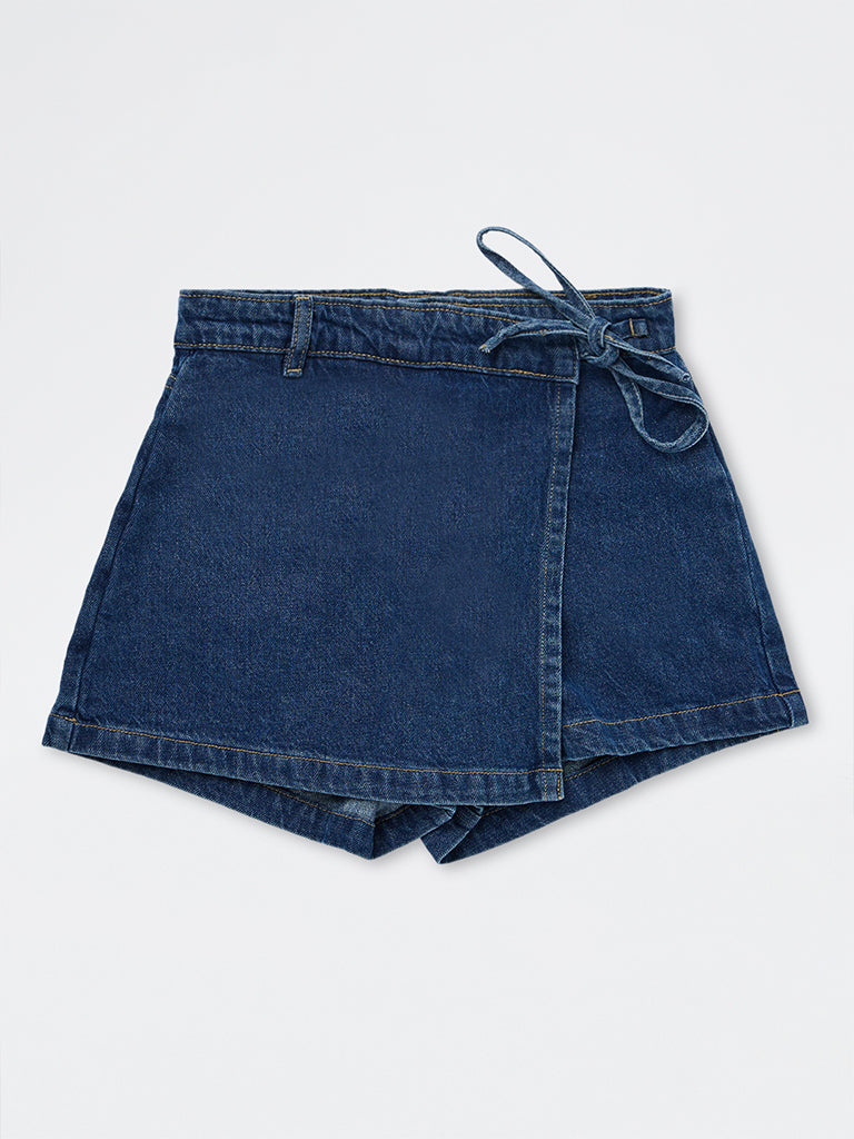 Girls Dark Blue Wrap-Style Denim Skorts