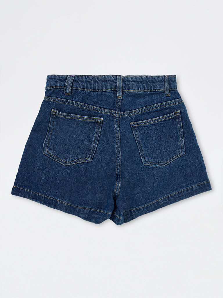 Girls Dark Blue Wrap-Style Denim Skorts