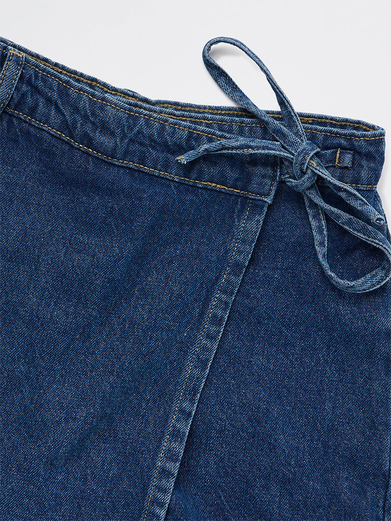 Girls Dark Blue Wrap-Style Denim Skorts