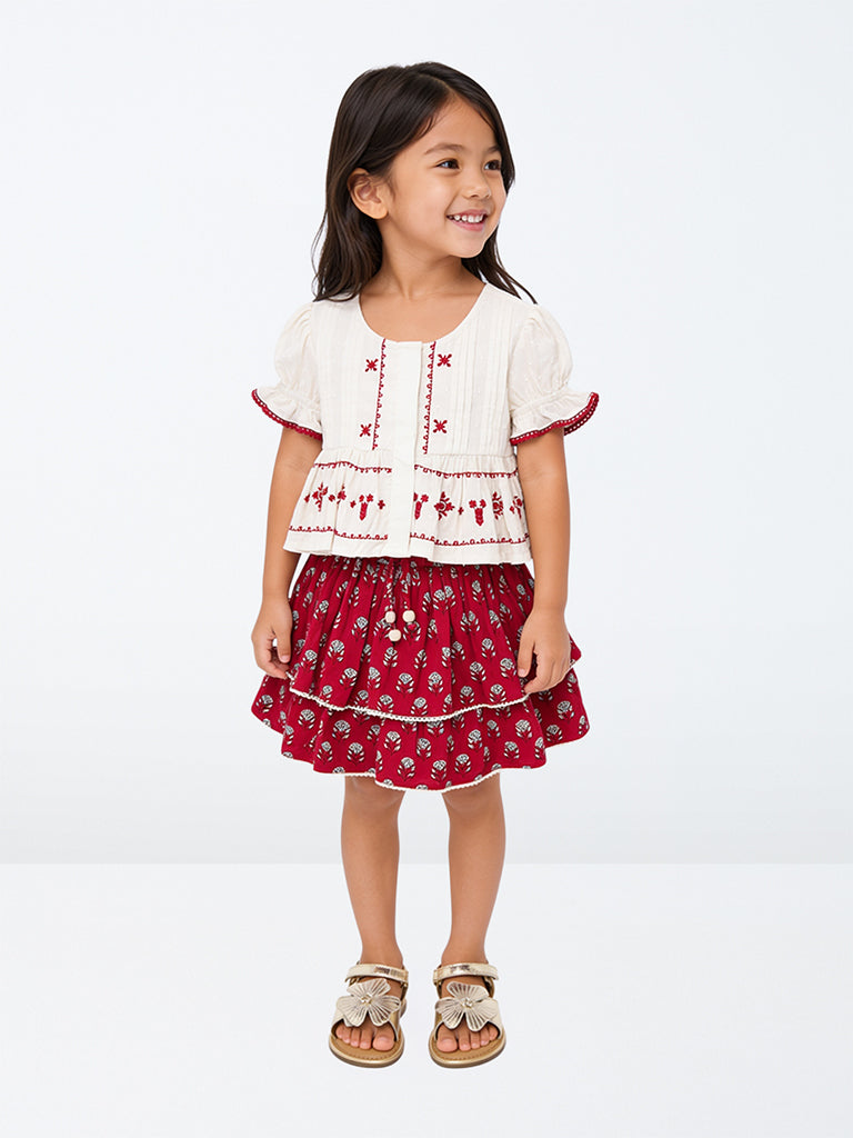 Utsa Kids Girls Red Floral Printed Tiered Cotton Skirt - (2-8 yrs)