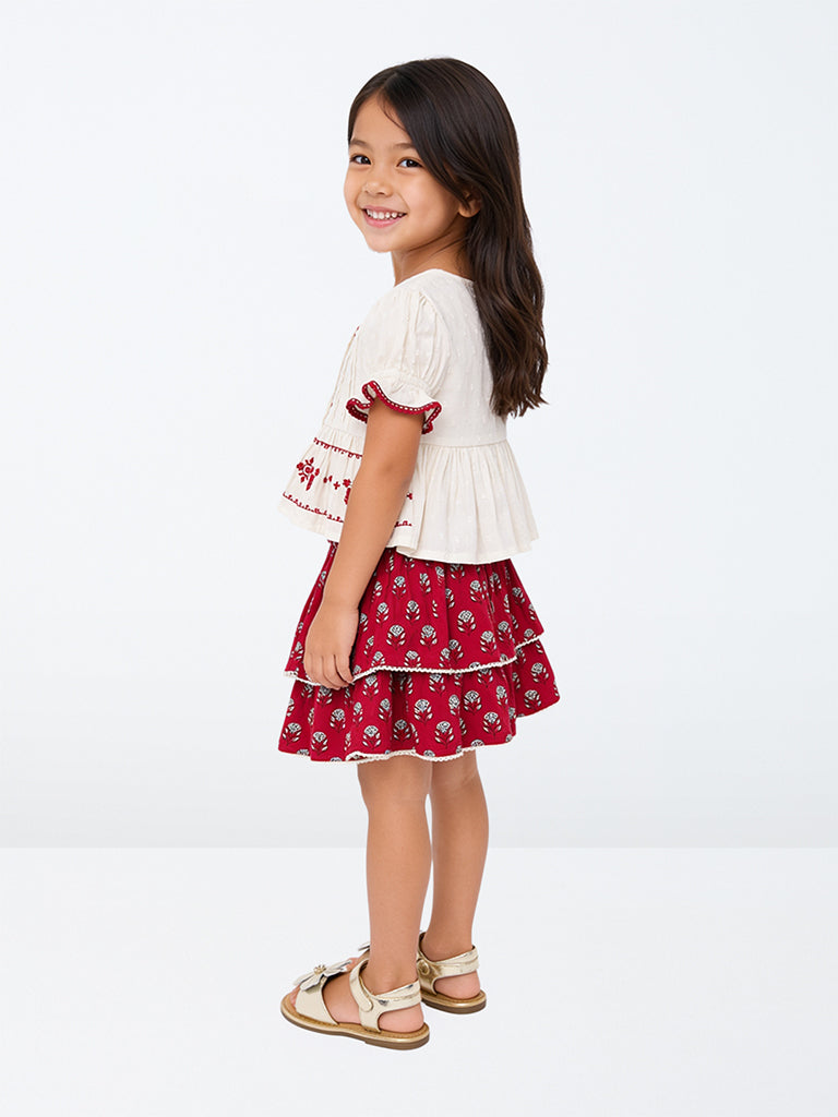 Utsa Kids Girls Red Floral Printed Tiered Cotton Skirt - (2-8 yrs)