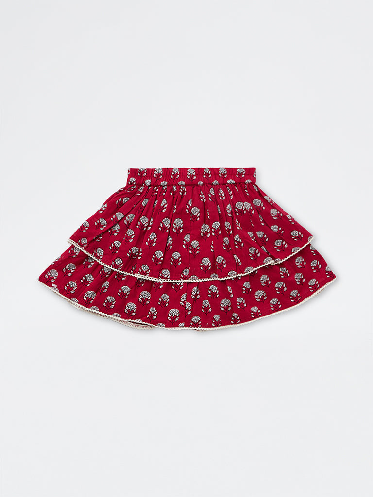 Utsa Kids Girls Red Floral Printed Tiered Cotton Skirt - (2-8 yrs)