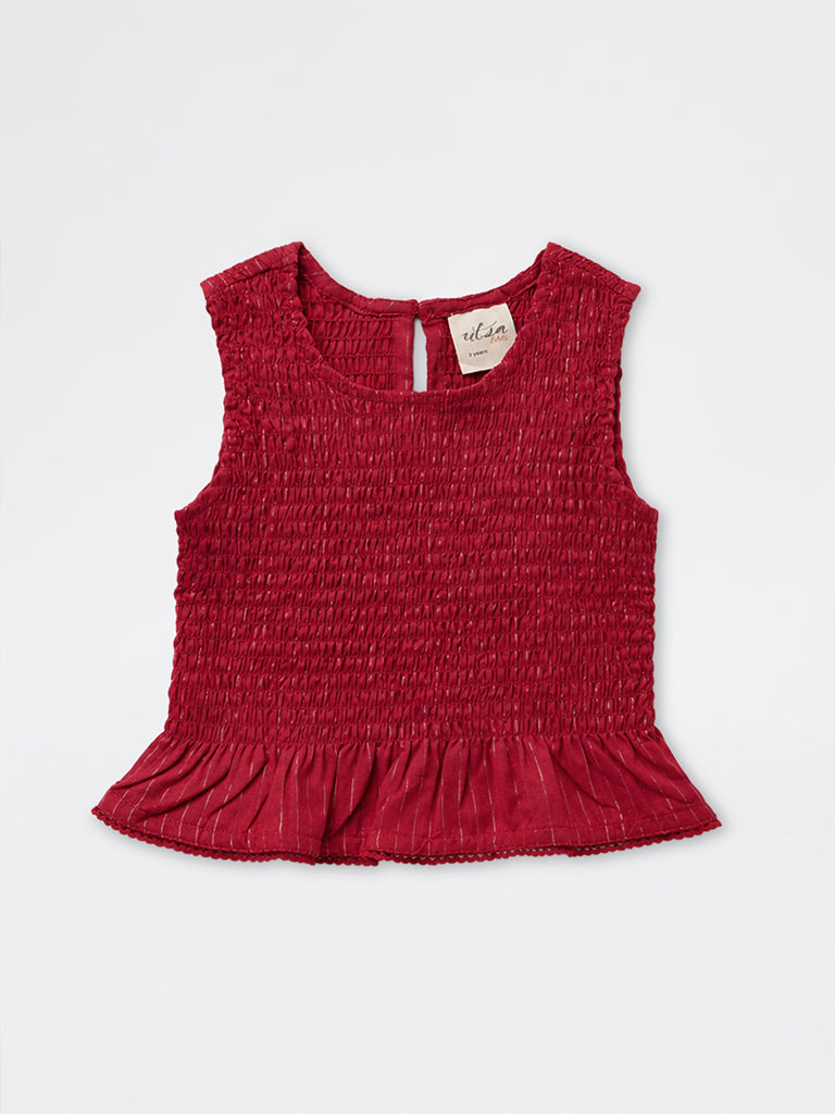 Utsa Kids Girls Red Smocked Cotton-Blend Top - (8-14 yrs)