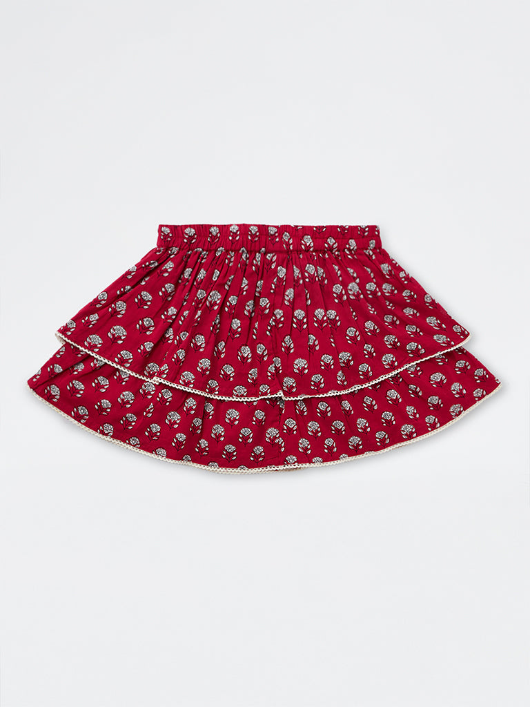 Utsa Kids Girls Red Floral Printed Tiered Cotton Skirt - (8-14 yrs)