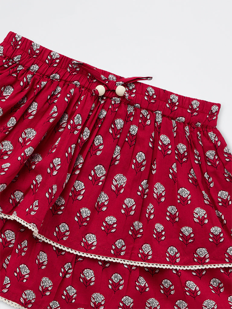 Utsa Kids Girls Red Floral Printed Tiered Cotton Skirt - (8-14 yrs)