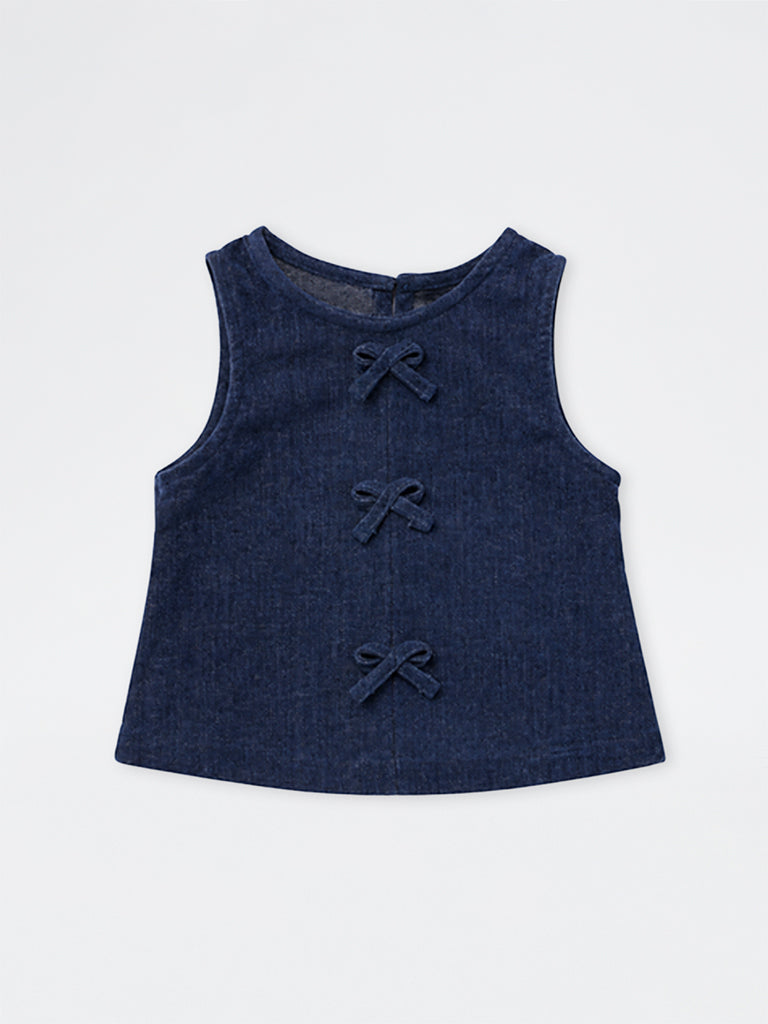 HOP Kids Girls Dark Blue Bow-Detail Denim Top