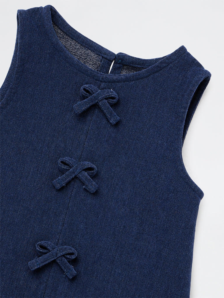 HOP Kids Girls Dark Blue Bow-Detail Denim Top