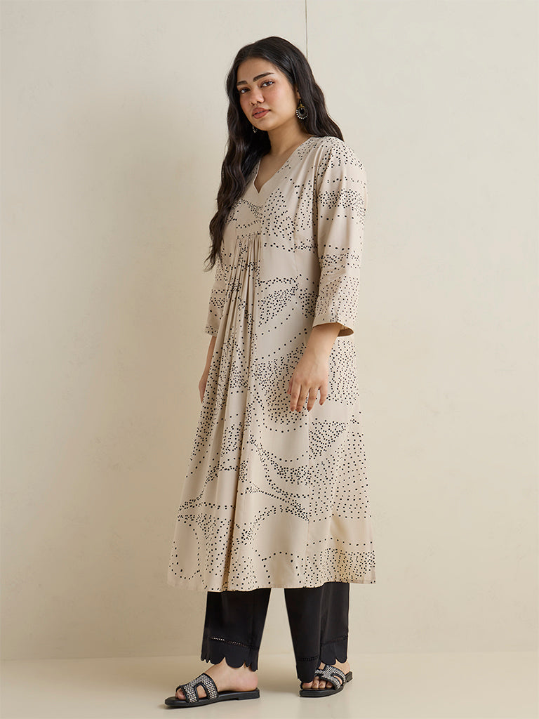 Diza Light Beige Botanical Printed A-Line Kurta