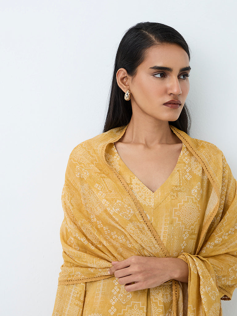 Zuba Yellow Printed Silk-Blend Dupatta