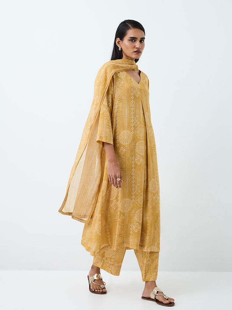 Zuba Yellow Printed A-Line Kurta
