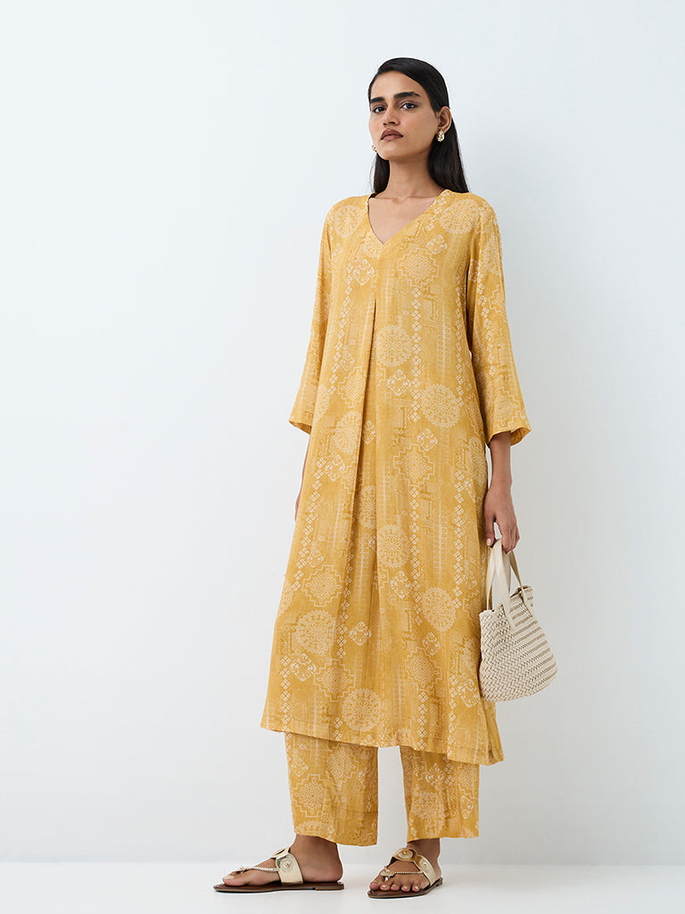Zuba Yellow Printed A-Line Kurta