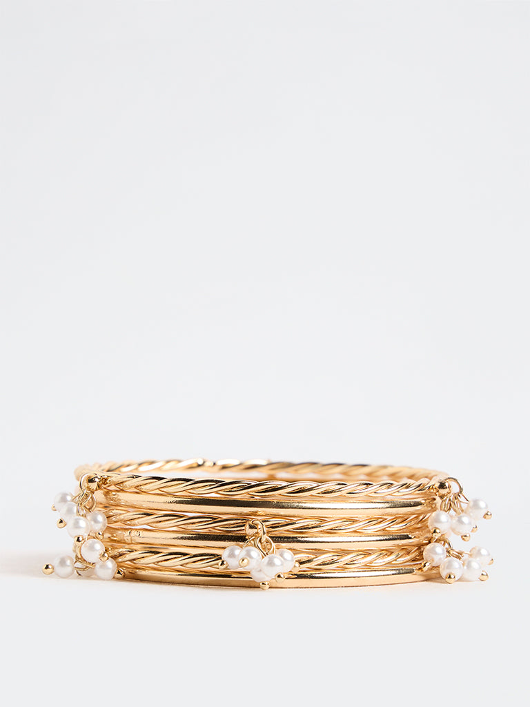 Westside Accessories Gold Pearl-Detail Bangles - Pack of 6