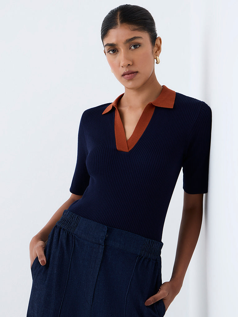 Wardrobe Navy Ribbed-Textured T-Shirt