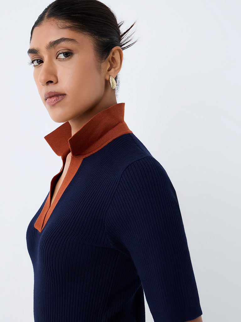 Wardrobe Navy Ribbed-Textured T-Shirt