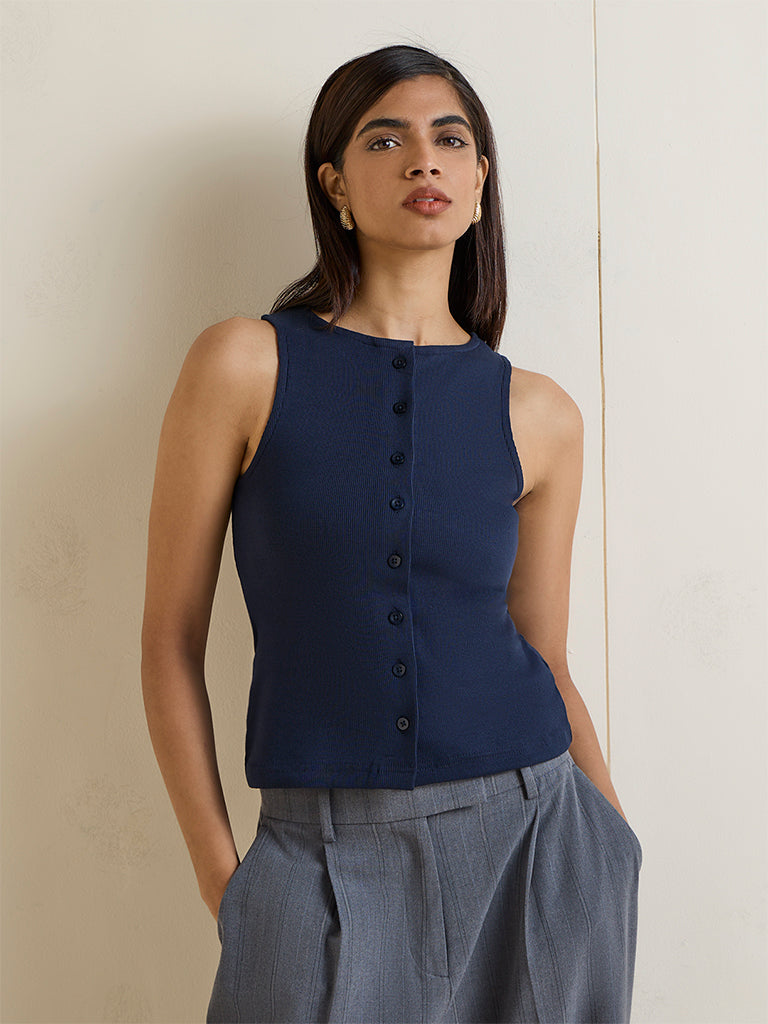 Wardrobe Navy Ribbed Cotton-Blend Top