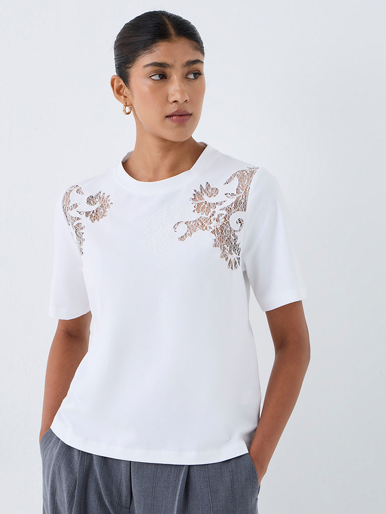 Wardrobe White Lace-Detail Cotton-Blend T-Shirt
