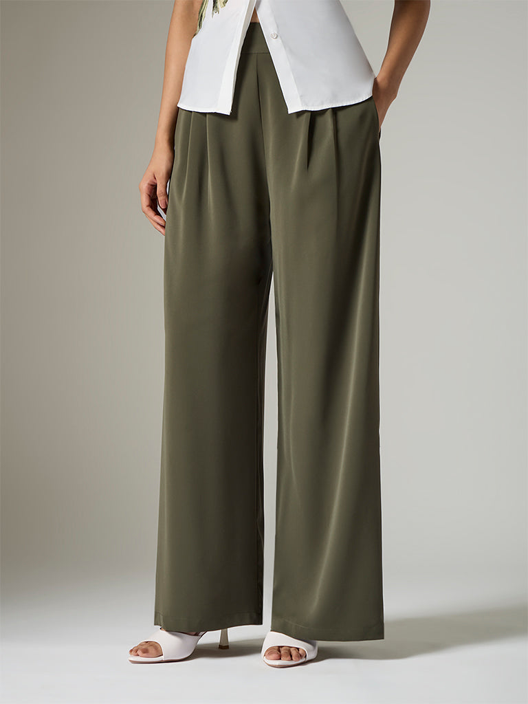 Wardrobe Olive Solid High-Rise Trousers