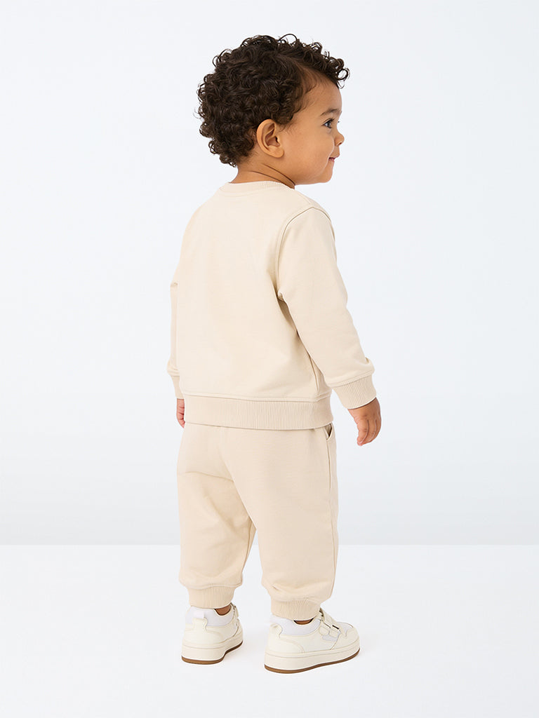 HOP Baby Boys Beige Dinosaur Design Cotton Sweatshirt with Joggers Set