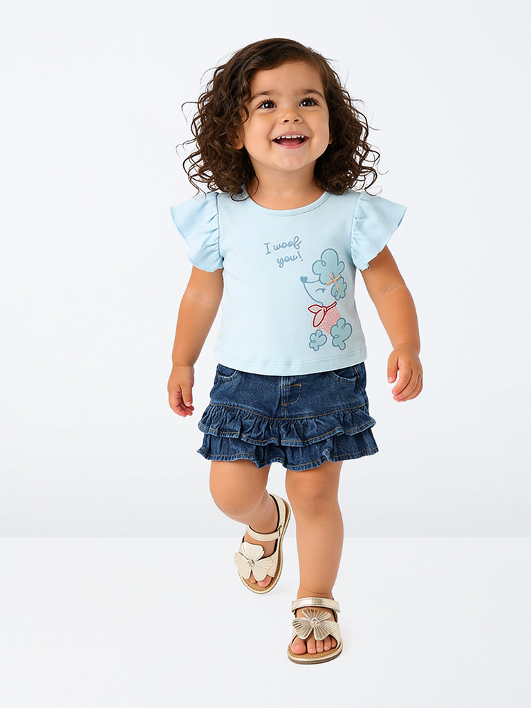 HOP Baby Girls Blue Animal Design Cotton Top and Denim Skort Set