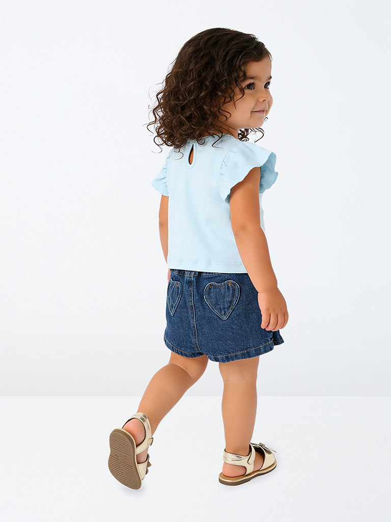 HOP Baby Girls Blue Animal Design Cotton Top and Denim Skort Set