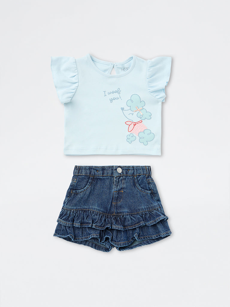 HOP Baby Girls Blue Animal Design Cotton Top and Denim Skort Set