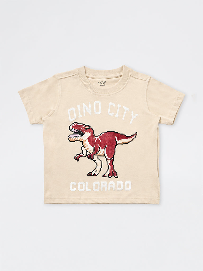 HOP Kids Boys Light Beige Dinosaur Embossed Cotton T-Shirt